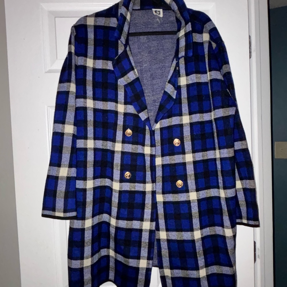 Anne Klein Blue and White Plaid Blazer